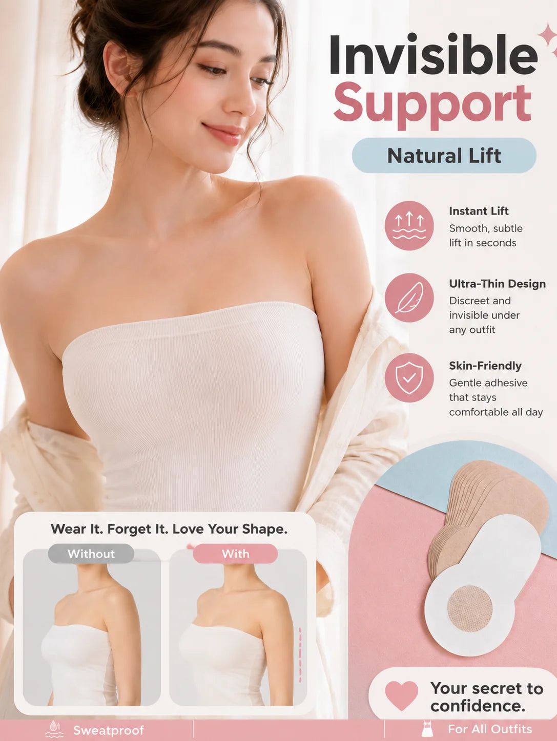 10pcs New Plus Size Reusable Invisible Non-Slip Lifting Bra Tapes For Large Breasts, Anti-Glare Chest Stickers And Sagging Preve