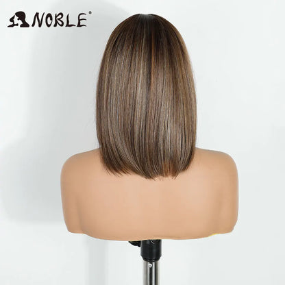 Noble Synthetic Lace Front Wigs For Women 12 Inch Pre Plucked Pre-Cut Ombre Brown Blonde Straight Layered Bob Wig Cosplay Wig