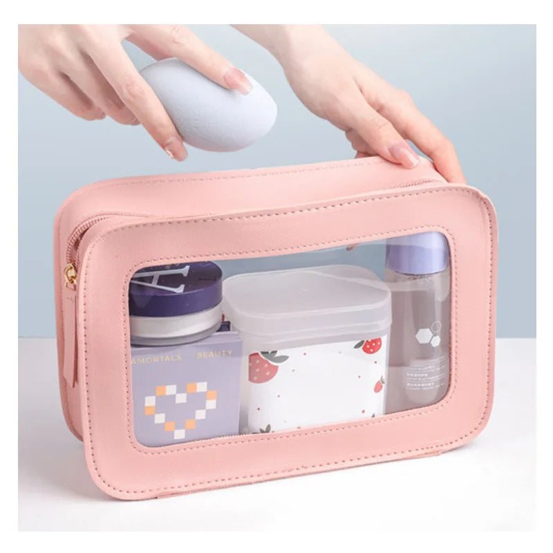 LUSQI Minimalist Transparent PVC Waterproof Cosmetic Leather Makeup Bag Travel Portable Toiletry Bag
