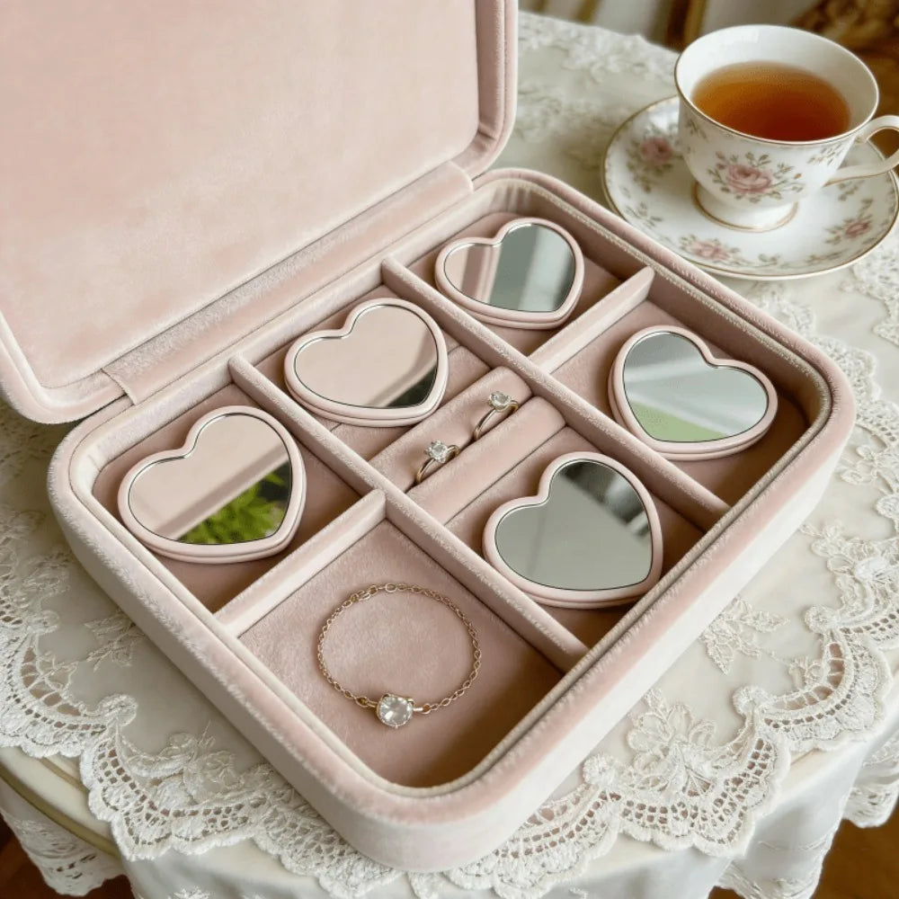 15 Pieces Set Heart Shaped Mini Mirrors with Pink Storage Bag Perfect for Travel Wedding Gifts and Korean Skincare Routines