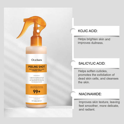 Natural Kojic Acid & Turmeric Exfoliating Spray - Gentle Deep Body Cleansing, Moisturizing and Skin-Softening Nourishing Mist