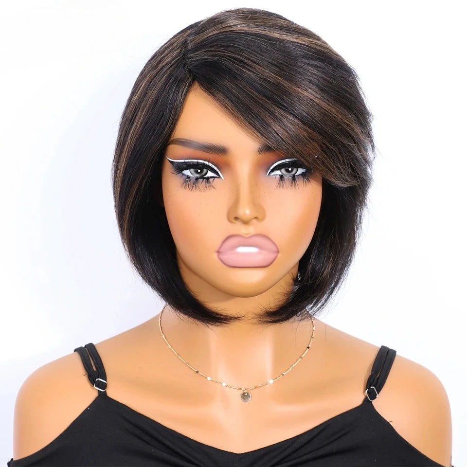 Rebecca Brazilian Short Straight Bob Human Hair Wigs With Bangs Full Machine Made Side Part Bob Human Hair Wigs For Black Women