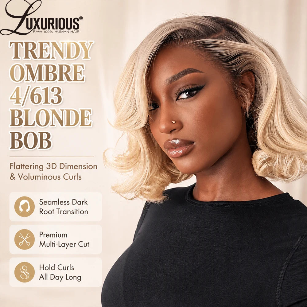 Luxurious #4/613 Blonde Wave Bob 13x4 Lace Front Human Hair Wigs For Women 5x7 Glueless Transparent Closure Wig Preplucked Wigs