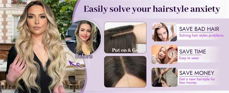 Water Wave Lace Front Wigs with Full Bangs Light Beige Blonde Synthetic Hair Dark Roots Top Wig Fringe Golden Invisible Lace Wig