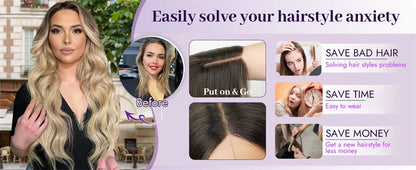 Water Wave Lace Front Wigs with Full Bangs Light Beige Blonde Synthetic Hair Dark Roots Top Wig Fringe Golden Invisible Lace Wig