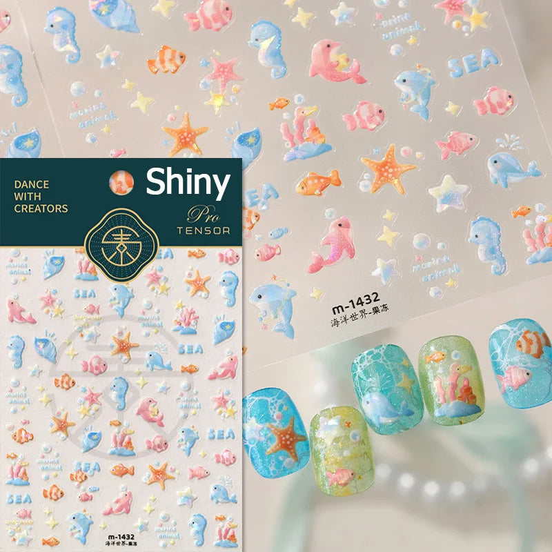 Gold Stamped Shell Conch Scallop Starfish Pearl 5D Embossed Self Adhesive Nail Art Stickers Delicate Ocean Style Manicure Decals