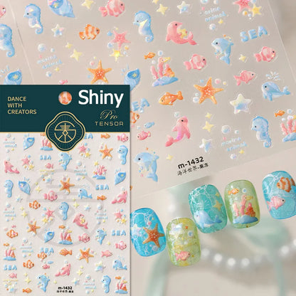 Gold Stamped Shell Conch Scallop Starfish Pearl 5D Embossed Self Adhesive Nail Art Stickers Delicate Ocean Style Manicure Decals