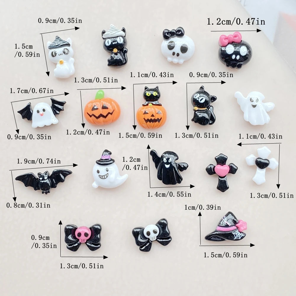 20Pcs Cute Cartoon Halloween cat, pumpkin, bat Nail Art Resin Designer Charms DIY Craft For Nail 3D Decorations Jewelry