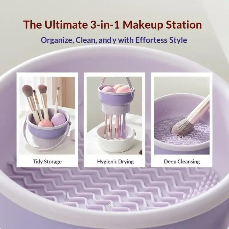 3-In-1 Foldable Silicone Makeup Brush Cleaner Mat & Drying Rack Lightweight Portable Cosmetic Brush Cleaner for Business Trips