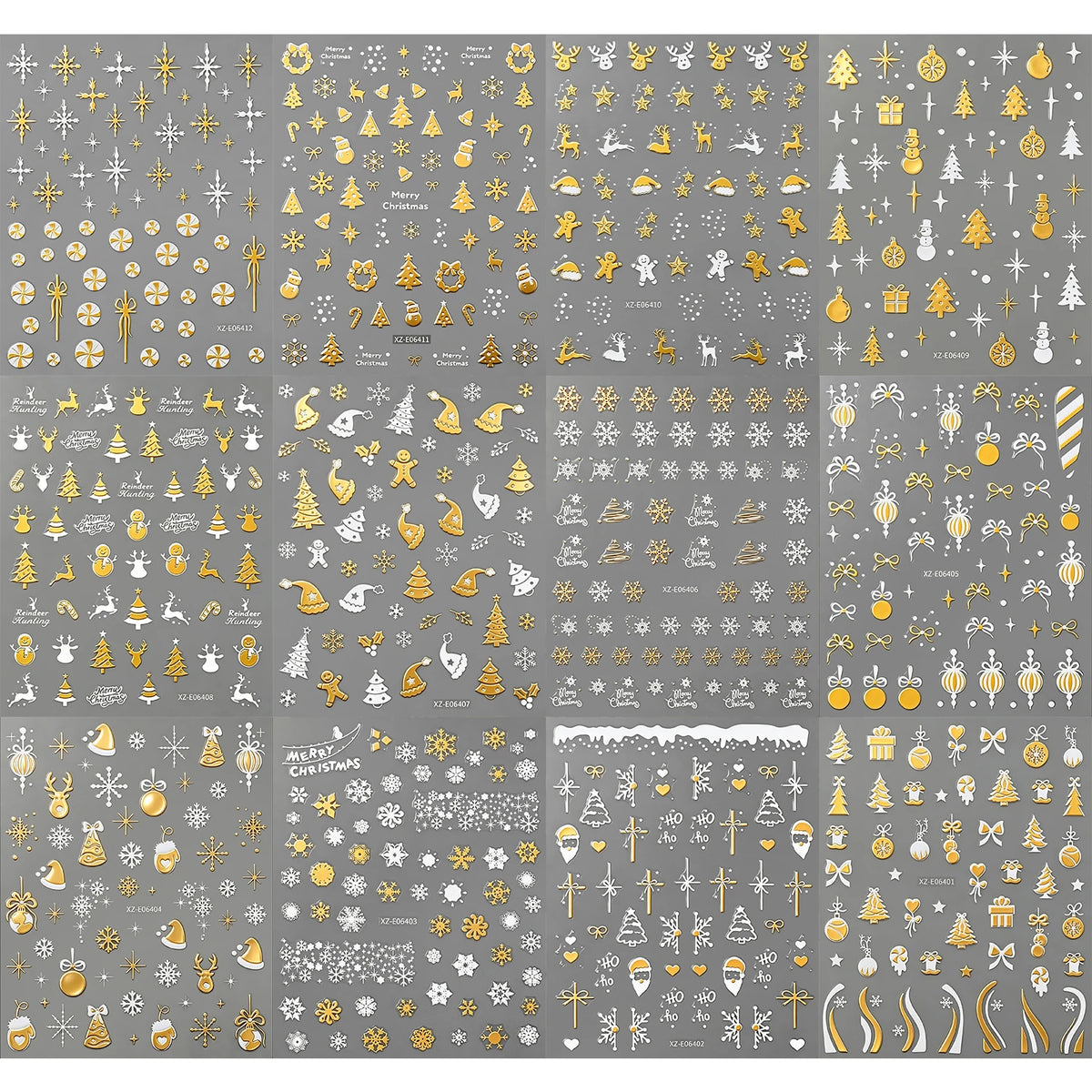 12pcs Gold White Snowflakes Snowman Santa Claus Christmas Nail Stickers Xmas Tree Elk Bow Nail Decals Winter Xmas Nail Supplies