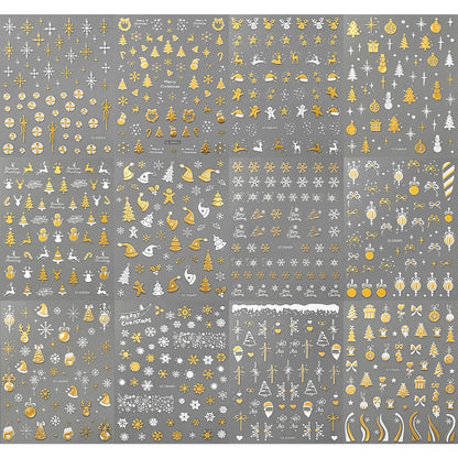 12pcs Gold White Snowflakes Snowman Santa Claus Christmas Nail Stickers Xmas Tree Elk Bow Nail Decals Winter Xmas Nail Supplies