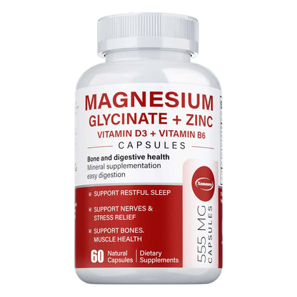 Magnesium Glycinate + Zinc - Improves Sleep Quality, Promotes Cardiovascular Bone and Heart Health, Promote Intestinal Digestion