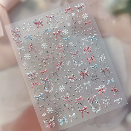 2026 New 5D Embossed Garland/Christmas Tree Nail Stickers White Snowflakes Bow Star Nail Decals Self-Adhesive Xmas Nail Decor