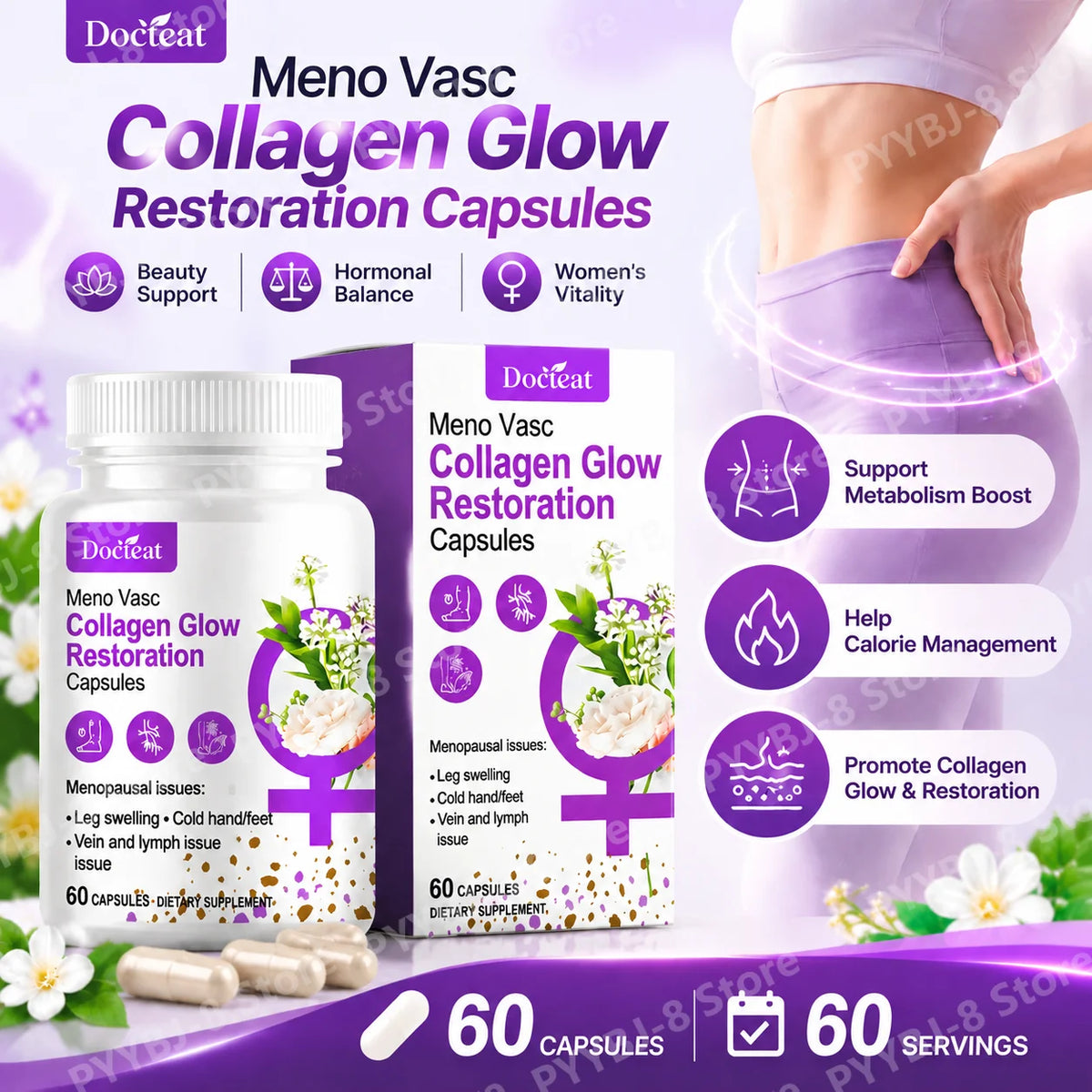 Collagen Glow Restoration Capsules, Boost Metabolism & Support Calorie Balance, Collagen Complex Hyaluronic Acid Magnesium 60Ct