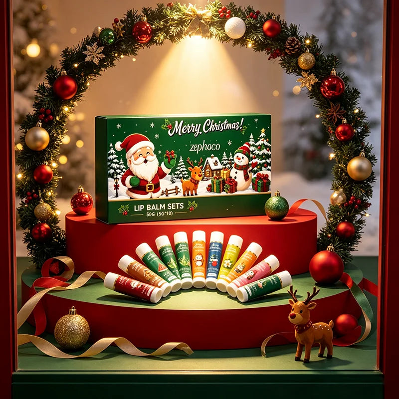 Christmas Lip Balm Set 10Pcs Multiple Flavors Moisturizing Nourishing Dry Lip Care Portable Holiday Gift Lip Balms