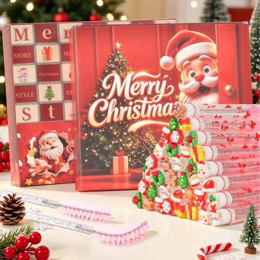 20-Pack Christmas Eyelash Brushes Featuring a Santa Snowflake Design Eyebrow Comb Makeup Applicator Includes Luxury Holiday Box