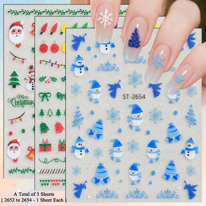 3 to 12 Sheets 3D Christmas Santa Snowman Reindeer Tree Snowflake Lights Gnome Self-Adhesive Nail Art Stickers