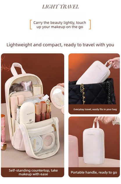 Stand-Up Flap Cosmetic Pouch Portable for Business Trips Makeup Bag Medicine Storage Pouch PU Makeup Brush Storage Cosmetic Bags