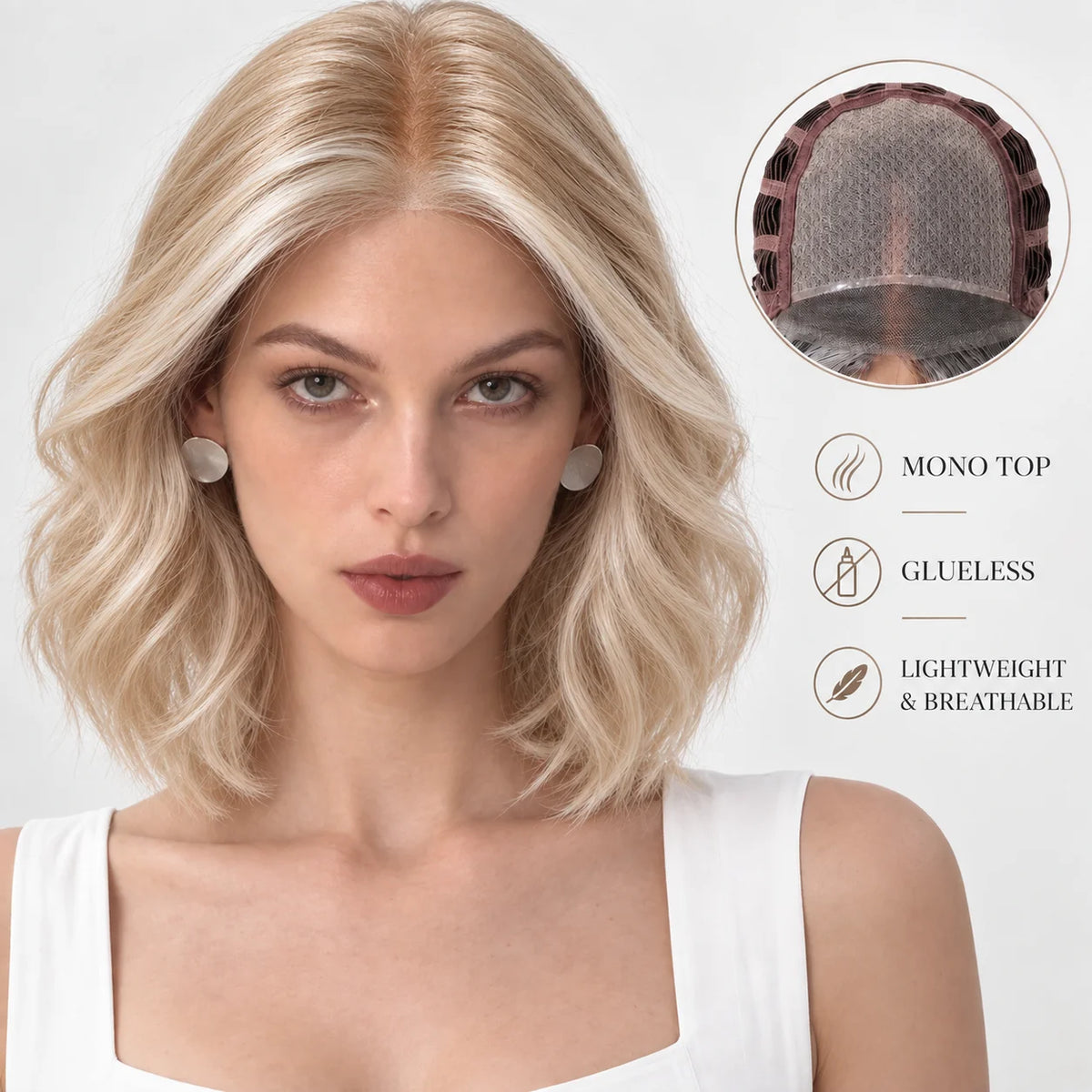 MONO Glueless Bob Wig for Women Ash Brown Highlight Synthetic Hair Middle Part Natural Scalp Lightweight Breathable