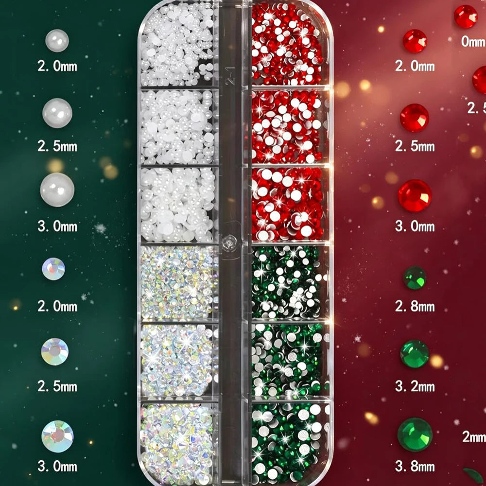 4Box Christmas Nail Charms 3D Snowman Santa Claus Elk, White Snowflakes Red Bow Red & Green Rhinestones Metal Caviar Beads Nails