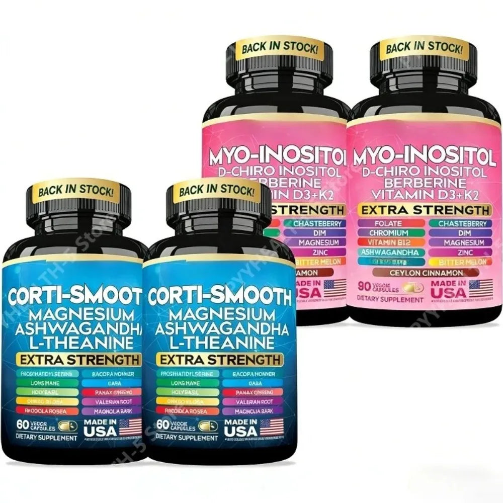 Cortisol & Myo-Inositol Supplement Bundle, Soothe & Smooth Bundle, 13-in-1 Cortisol Balance, Magnesium, Ashwagandha, L-Theanine