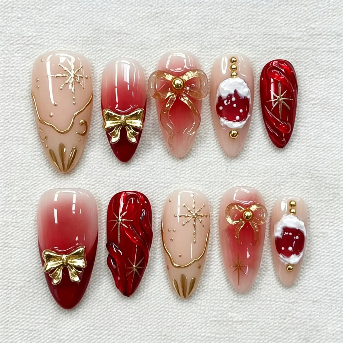 24PCS Christmas Red Almond Press on Nails Sweet 3D Gingerbread Man Xmas Tree Snowflake Design False Nails Wearable Acrylic Nails