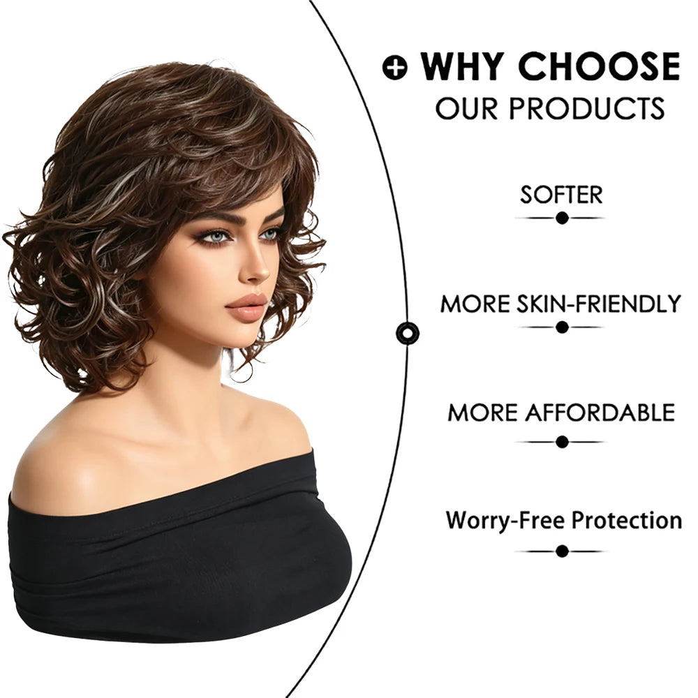 Short Curly Brown Wig with Blonde Highlights Women Synthetic Bob Wigs Natural Looking Side Bangs Heat Resistant For Daily Party
