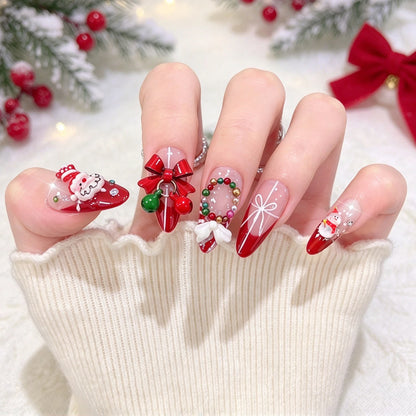 96PC 3D Red Green Medium Almond Christmas Press On Nails Cute Elk/Bell/Snowman/Santa Claus/Xmas Tree Fake Nails Full Cover Nails