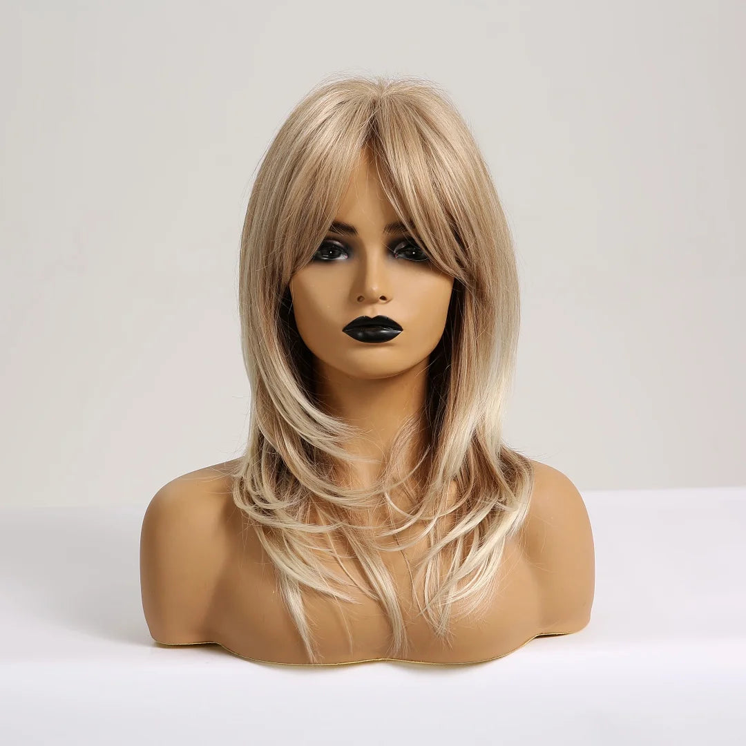 Synthetic Long Blonde Layered Wigs for Women Wig with Bangs Natural Looking Straight High Temperature Hair for Daily Christmas