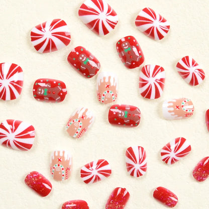 24Pcs Short Oval Press-On Nails - Cute Gingerbread & Candy Cane Christmas Designs, Perfect for Holiday Parties for Women&Girls