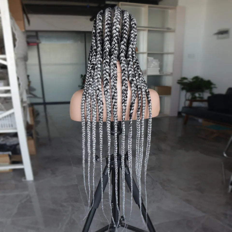 Ombre Silber Grey Full Lace 11 Braids Braided Wig With Baby Hair Box Braiding Wig African Long Synthetic Hair Knotless Wig