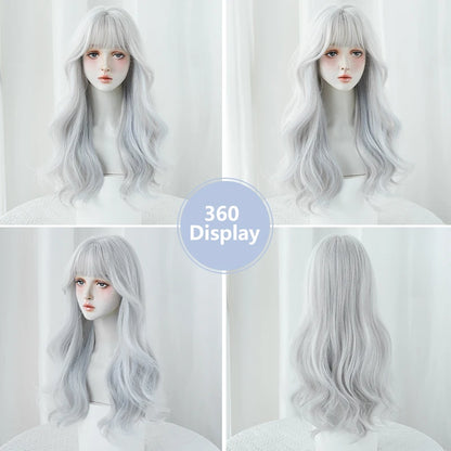 NAMM Costume Wig Synthetic Body Wavy Cool Silvery  Wig For Women Daily Use High Density Layered Hair Wigs With Fluffy Bangs