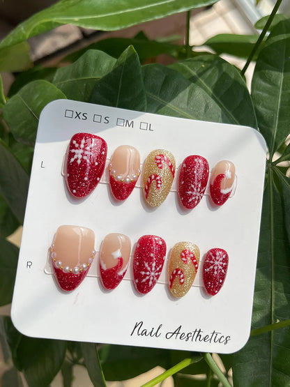 Hand Painted Christmas Fake Nails Short Almond Red Glitter Snowflake Candy Cane Pearl French Press On Nails Reusable  10 Pieces