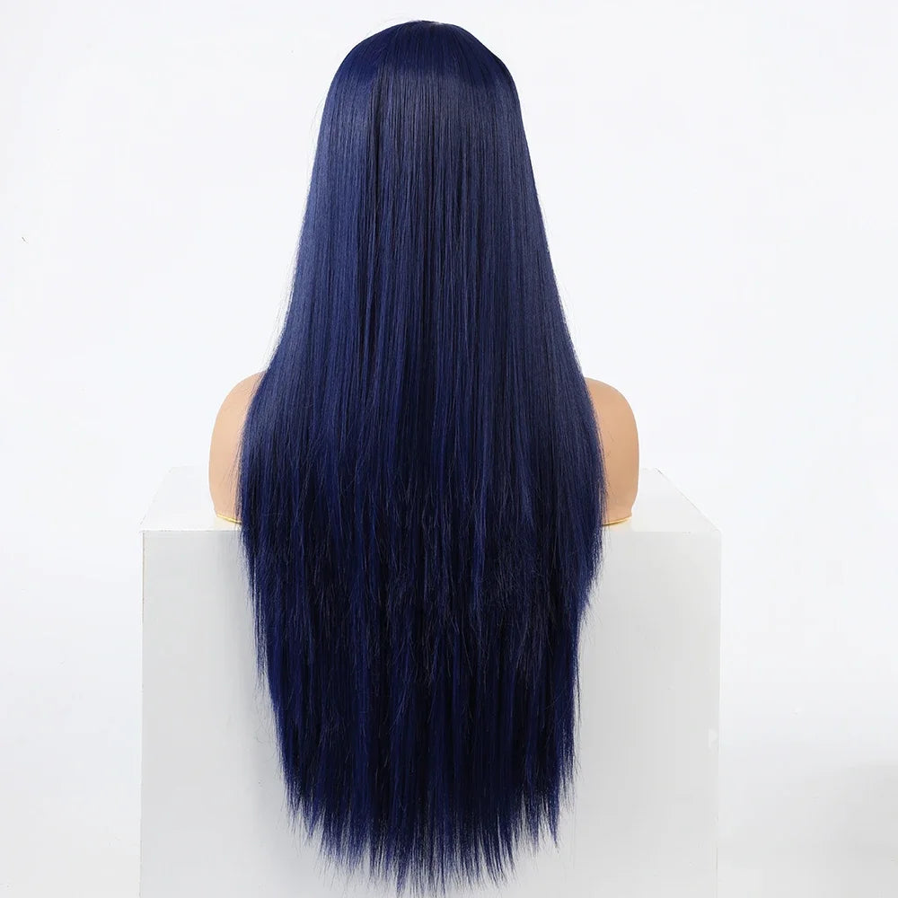 Synthetic Replacement Hair Wig With Bangs Blue Color Heat Resistant  Wigs for Fashion Women