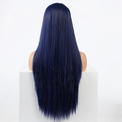 Synthetic Replacement Hair Wig With Bangs Blue Color Heat Resistant  Wigs for Fashion Women