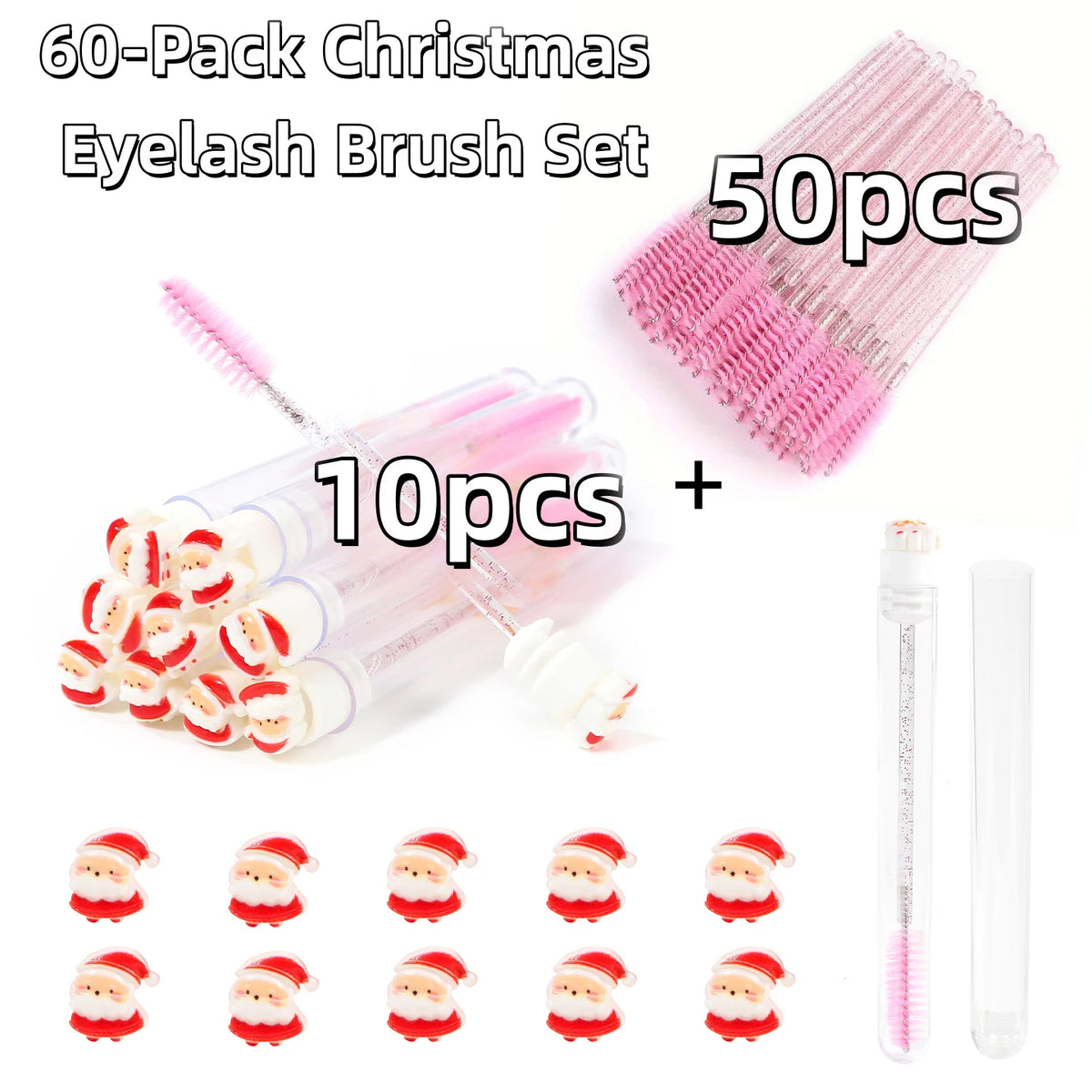 60Pcs Christmas Eyelash Brush with Tube Replaceable Mascara Wand Spoolie Dustproof Lash Tech Supplies Reusable Eyebrow Xmas Gift