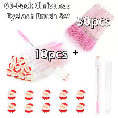 60Pcs Christmas Eyelash Brush with Tube Replaceable Mascara Wand Spoolie Dustproof Lash Tech Supplies Reusable Eyebrow Xmas Gift