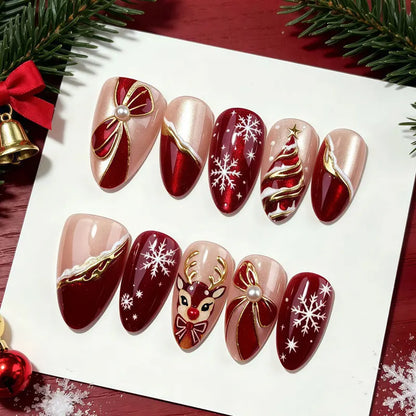 10Pcs Winter Vintage Wine Red Gilded Christmas Tree European and American Style Press On Nails With Cat Eyes Nail Art Patches