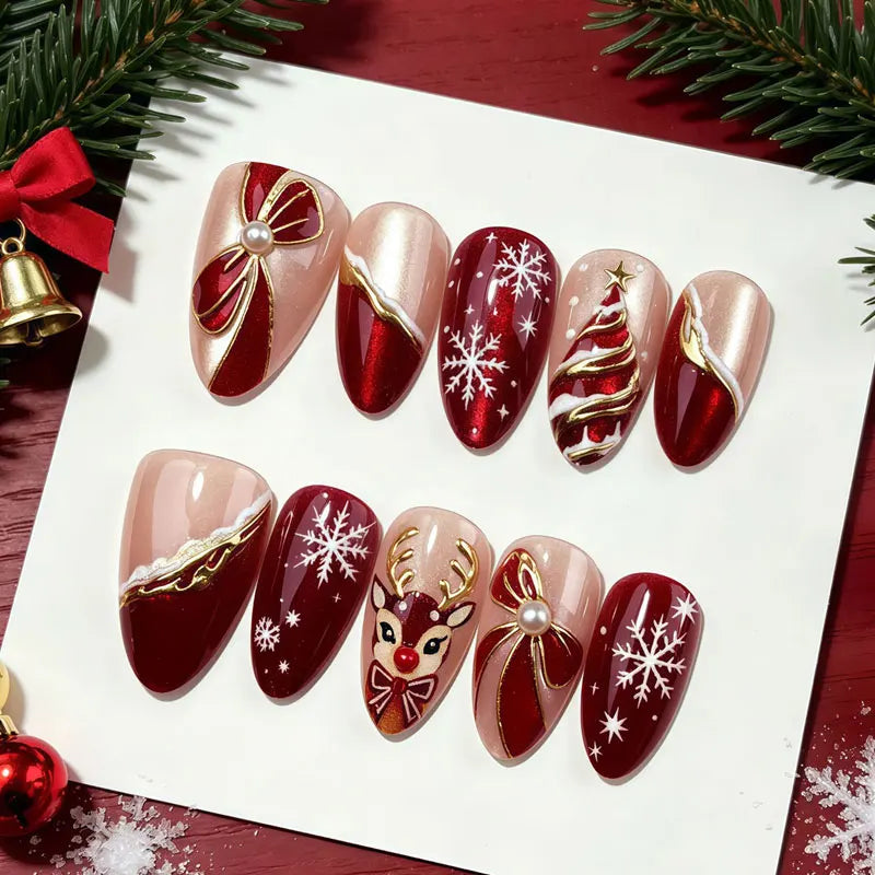 10Pcs Winter Vintage Wine Red Gilded Christmas Tree European and American Style Press On Nails With Cat Eyes Nail Art Patches