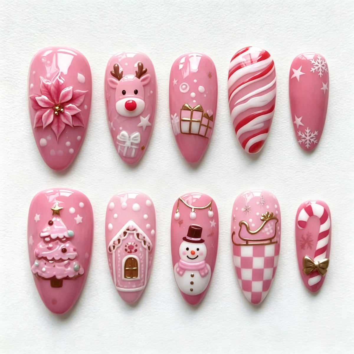 24Pcs Christmas Tree Pattern Pink Full Cover Fake Nails Artificial Almond Reindeer Gift Nail Set Press on Detachable False Nail