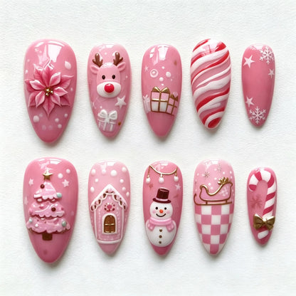 24Pcs Christmas Tree Pattern Pink Full Cover Fake Nails Artificial Almond Reindeer Gift Nail Set Press on Detachable False Nail