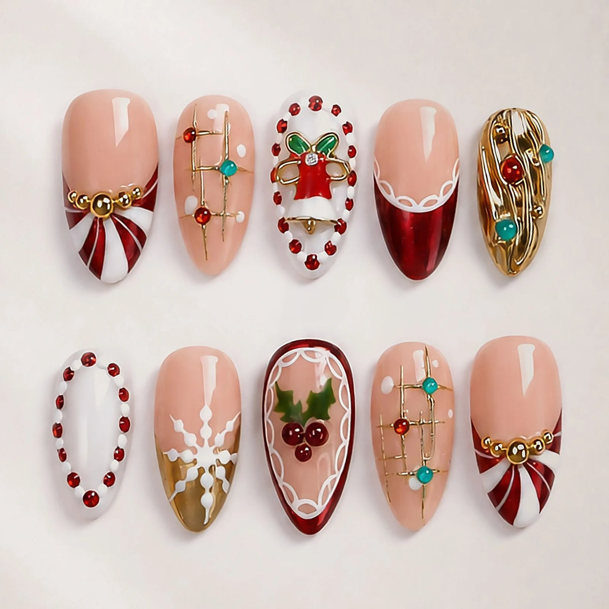 30pcs French Style Almond Press On Nails Christmas Theme DIY Party False Nails Gold Metal Beads Snowflake Desings Fake Nail