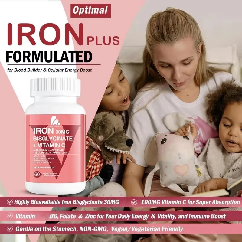 bisglycinate iron supplement -30mg containing vitamin C, B12, folic acid - high absorption, gluten free, non GMO -60 capsules