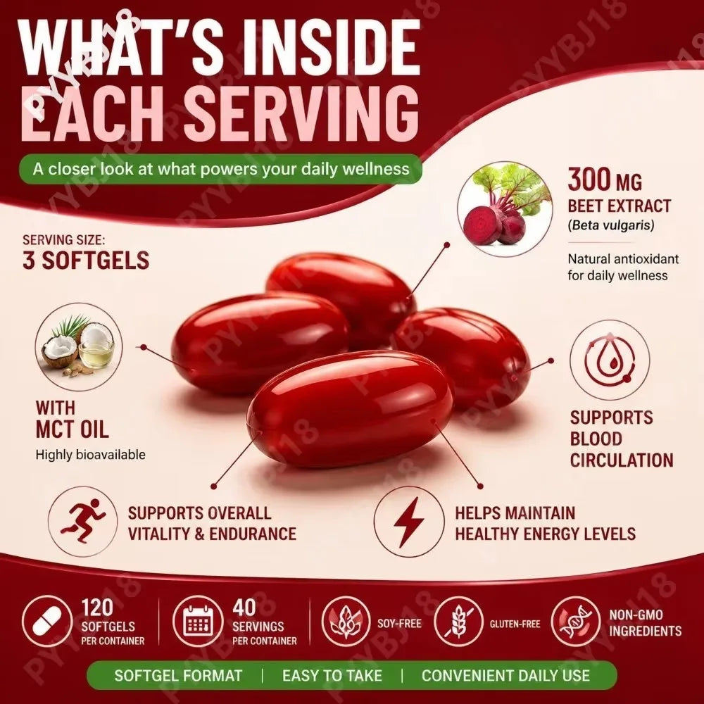 Lenm Beet Root Softgels Natural Antioxidant Supplement for Blood Circulation Vitality & Endurance Support with MCT Oil 120 Count