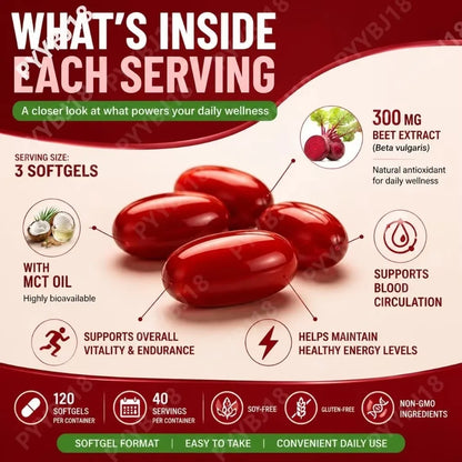 Lenm Beet Root Softgels Natural Antioxidant Supplement for Blood Circulation Vitality & Endurance Support with MCT Oil 120 Count