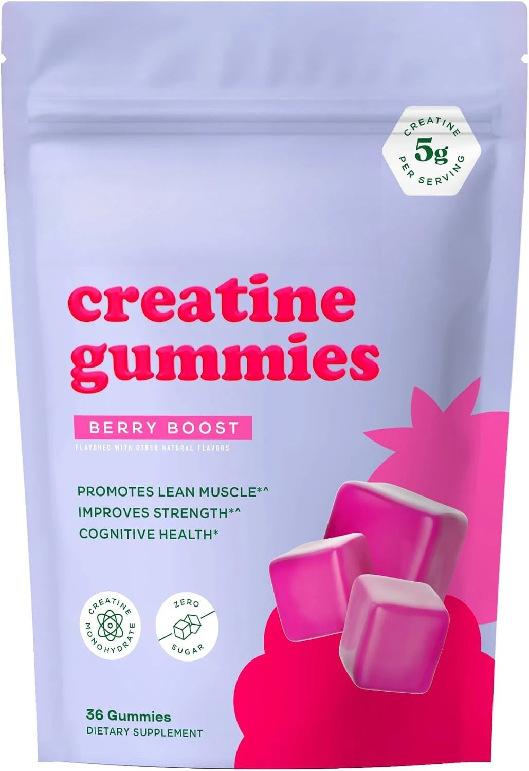Berry Flavor Creatine Monohydrate 5g Gummies - Zero Sugar 36 Count Non-GMO Gluten Free Vegetarian Supplement for Fitness And Bod