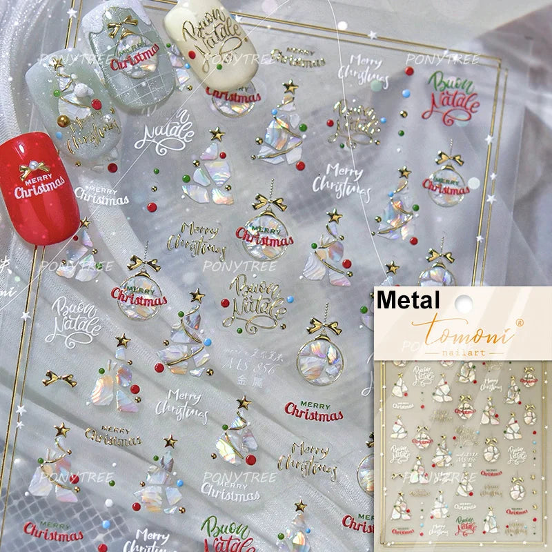 Tender Blue Christmas Tree Hanging Ball Ribbon Gold Star Snowflakes Bowknot Ring Adhesive Nail Charms Art Sticker Manicure Decal