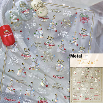 Tender Blue Christmas Tree Hanging Ball Ribbon Gold Star Snowflakes Bowknot Ring Adhesive Nail Charms Art Sticker Manicure Decal
