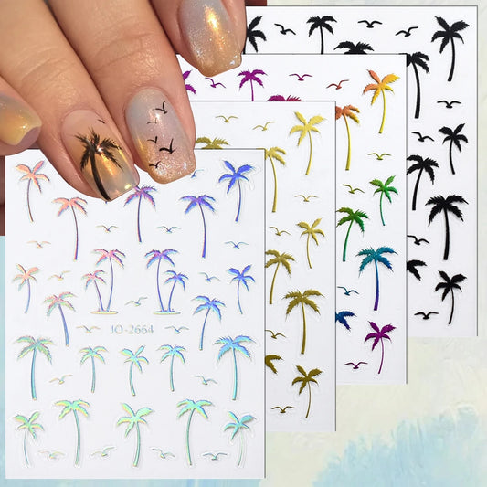 2/4/8/12/20 Sheets 3D Palm Tree Nail Stickers Tropical Coconut Tree Seagull Self Adhesive Summer Beach Nail Decals