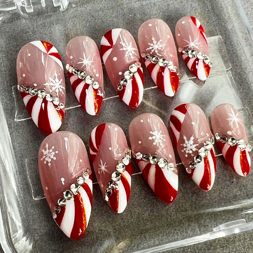 24pcs Red White French Line Christmas Sweet False Nails With Snowflake Rhinestone Starburst Design Pink Almond Press On Nails